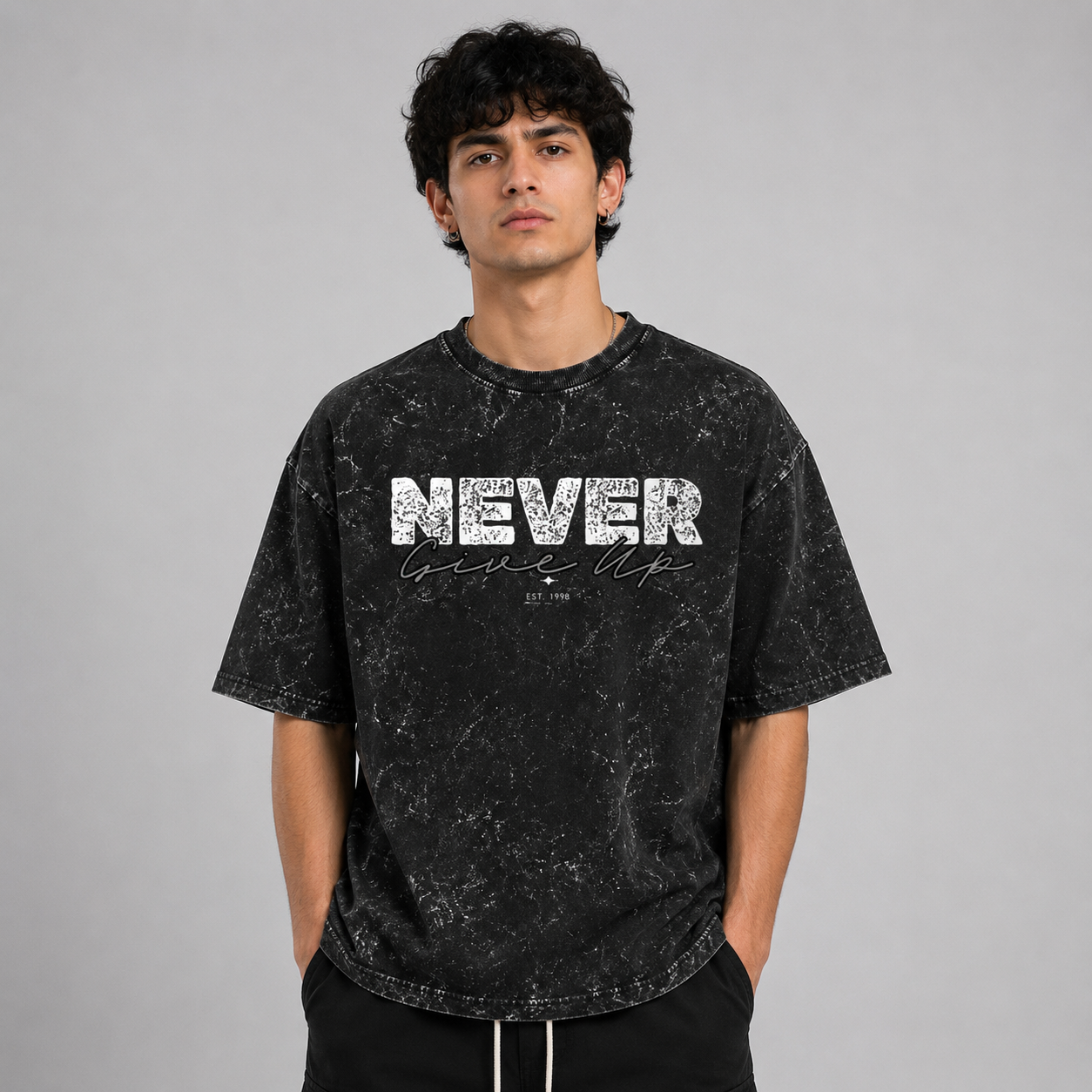 Never giveup Acid Washed Oversized Tee